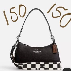 Coach Black Leather Shoulder Bag with Checkered Strap